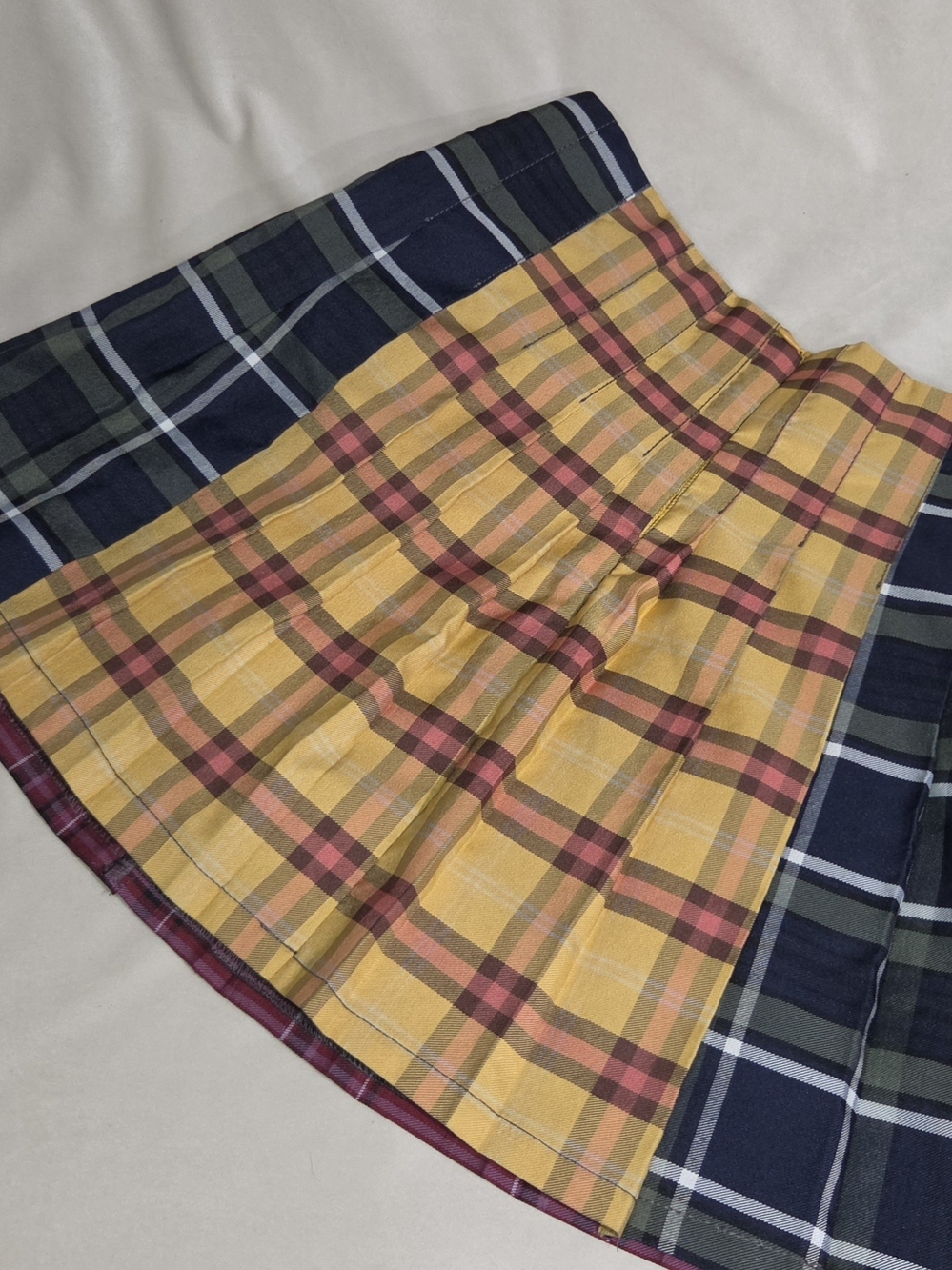 Plaid Pleated Mini Skirt with Buckle Detail - Burgundy - Picture 2 of 3